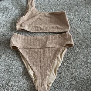 Show Me Your MuMu Beige Textured One-Shoulder Bikini